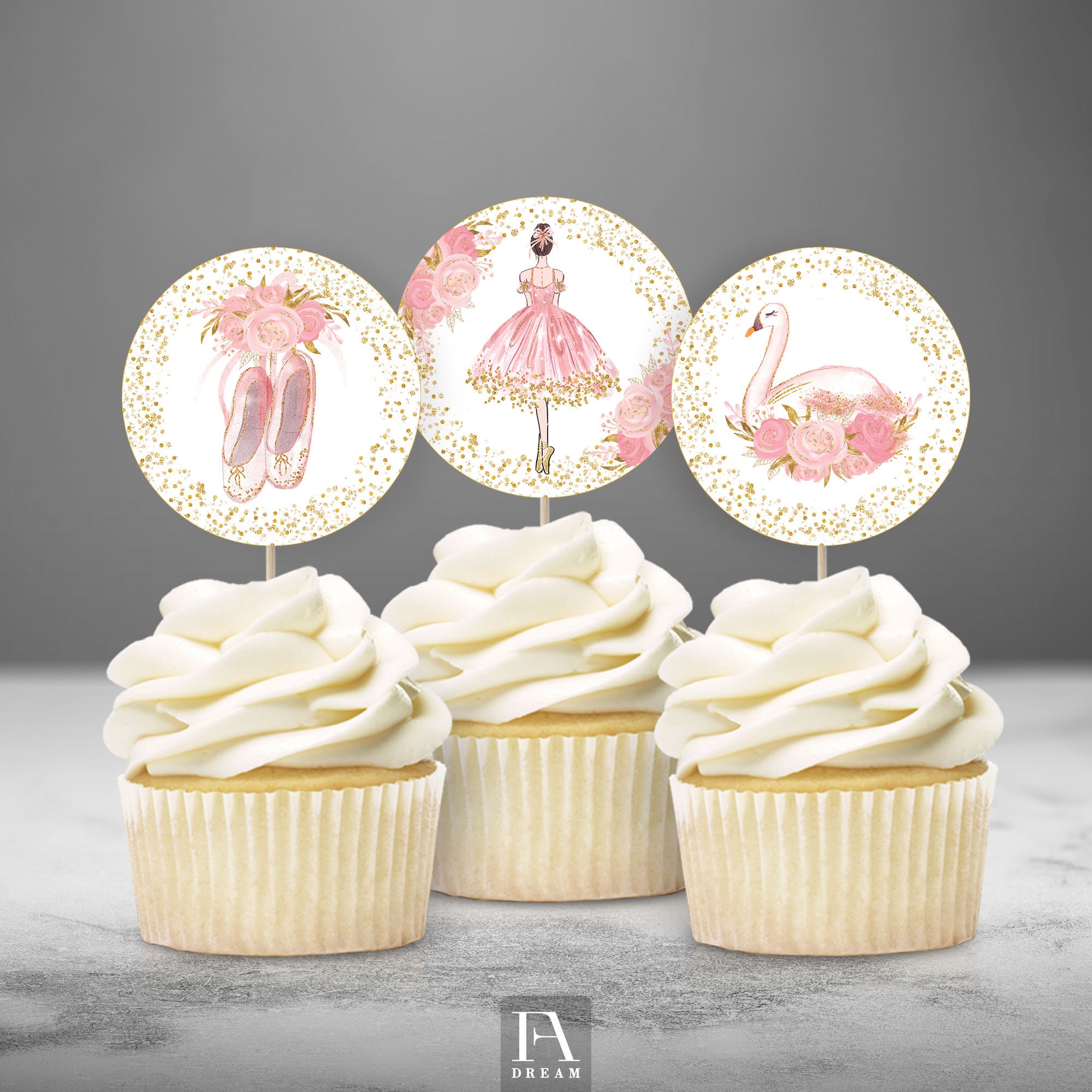 Pink Gold Ballerina Cupcake Topper Printable, Ballerina Birthday Party ...