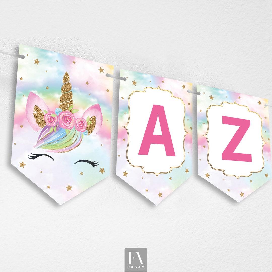 Unicorn Alphabet A-Z Numbers Symbols Banner, Unicorn Flower Party ...