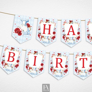 Alice Happy Birthday Banner, Alice in Wonderland Blue Red Party Banner Decor, Alice Birthday Party Decoration Printable Instant Download