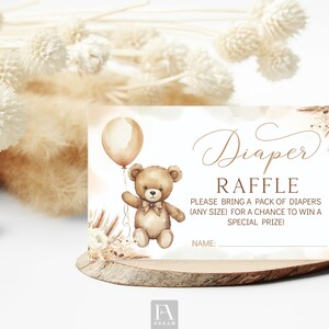 Editable Bear Baby Boy Shower Diaper Ruffle Insert Card Template, Boho Bear Baby Diaper Raffle Ticket Instant download