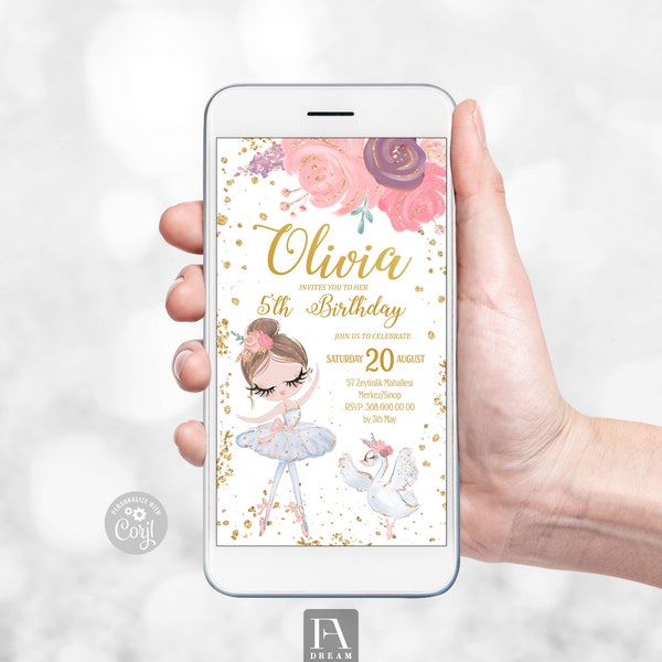 Electronic Ballerina Birthday Invitation, Editable Ballerina Evite, Ballerina Birthday Party Invitation Instant Download Corjl