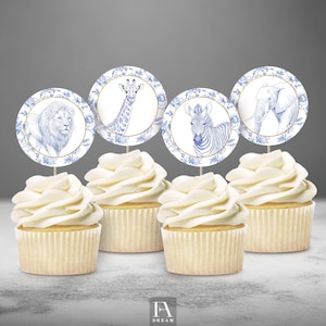 Blue Toile Safari Cupcake Toppers – Jungle Animals Baby Shower Decor, Printable Elephant & Giraffe Cake Picks, Wild One Party