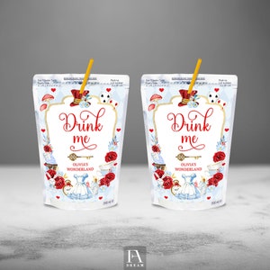 Editable Alice Capri Sun Labels, Alice in Wonderland First 1st birthday party blue juice labels, Drink Me Label Printable Template