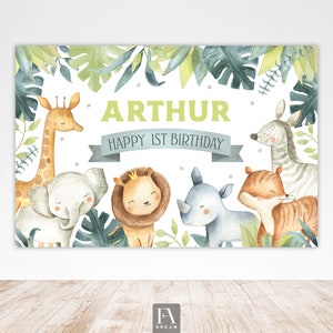 Editable Party Animals Birthday Backdrop Banner Template Printable Safari Animals Boy Wild One 1st Birthday Instant Download Corjl