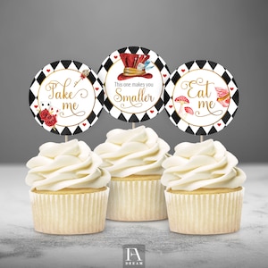 Alice in Wonderland Black Cupcake Toppers Alice in Onederland Girl 1st Birthday Party Decor Mad Tea Party Stickers Instant Download
