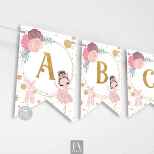 Editable Ballerina Custom Name Happy 1st Birthday Banner Bunting, Ballerina Birthday Girl Party Decoration Flags Instant Download Corjl