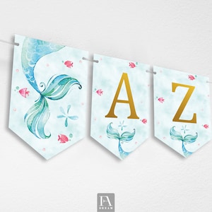Mermaid Alphabet A-Z Numbers Symbols Banner, Under the Sea Bunting Decoration Printable Instant Download