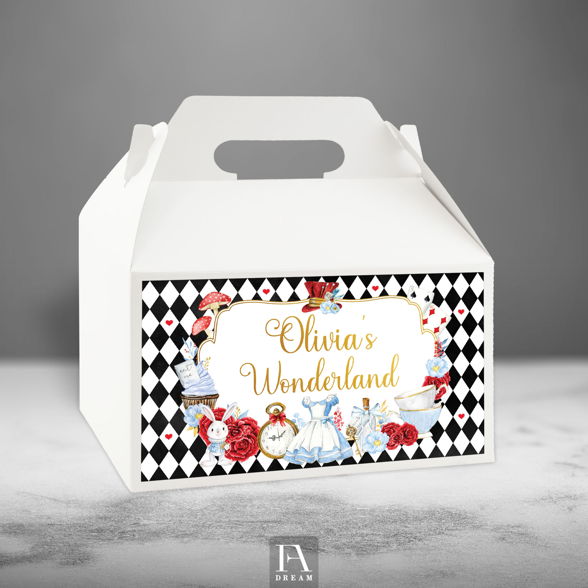 Editable Alice Gable Box Label Template Alice in Wonderland Girl First 1st Birthday Party Favor Table Decor printable instant