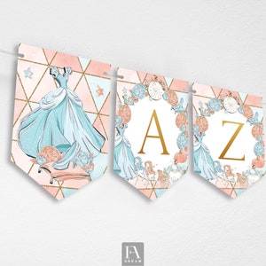 Fairy Tale Alphabet A-Z Numbers Symbols Banner, Cinderella Party Bunting Decoration Printable Instant Download