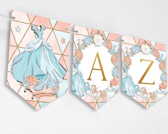 Fairy Tale Alphabet A-Z Numbers Symbols Banner, Cinderella Party Bunting Decoration Printable Instant Download