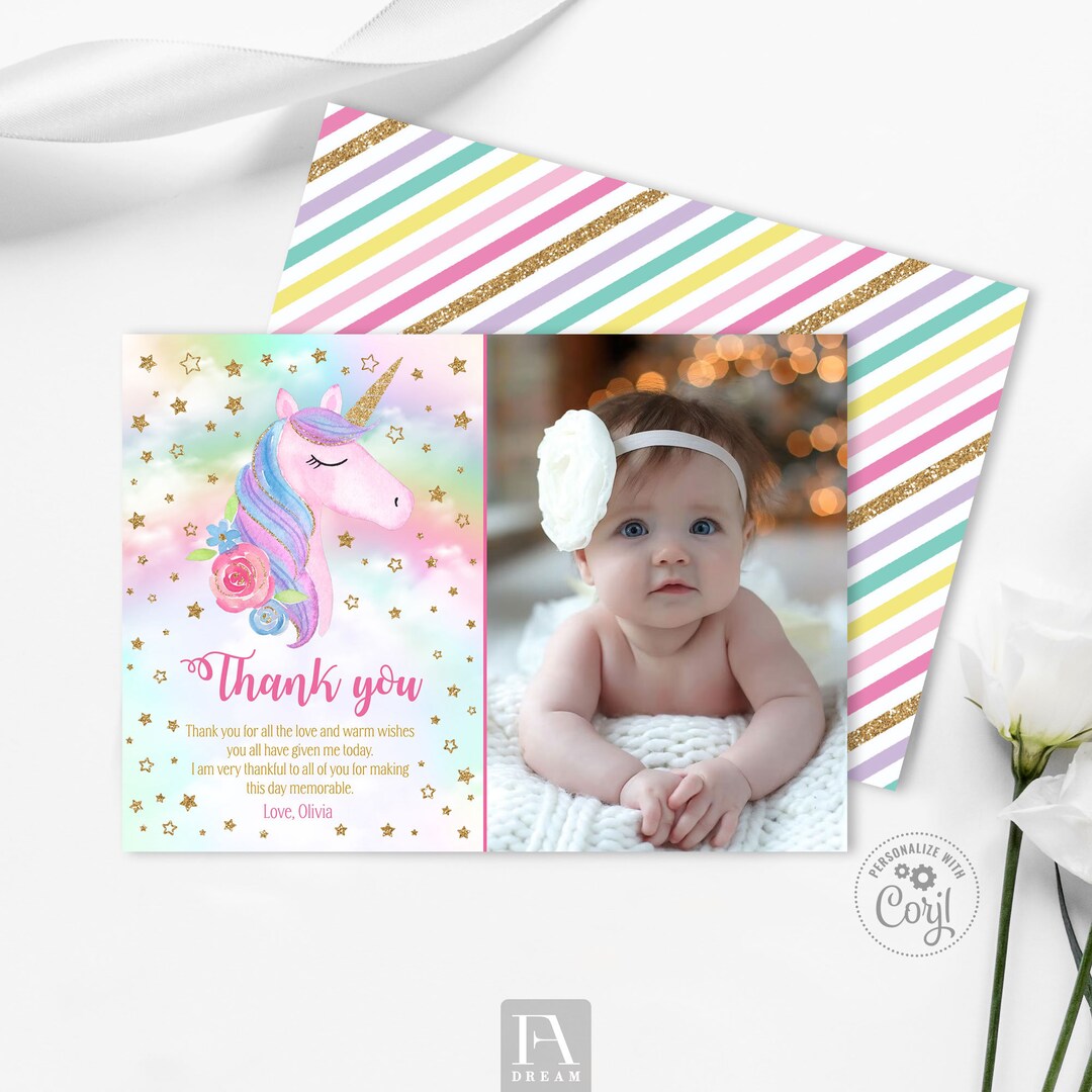 Unicorn Thank You Card Template, Unicorn Magical Birthday Party Thank ...
