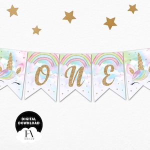 Unicorn One Banner, Unicorn Highchair banner printables, Unicorn Girl 1st birthday party decor chair printable instant download