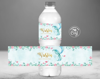 Editable Mermaid Water Bottle Label Template, Under the Sea Birthday Party Table Decor printable instant download