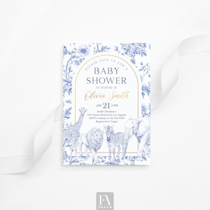Blue Toile Safari Animals Baby Shower Invitation – Printable Jungle Theme Invite, Safari Party Printables