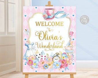 Alice welcome sign, Editable Alice in Wonderland Birthday Sign Decoration Printable, Alice Tea Party Custom Decor Instant Download
