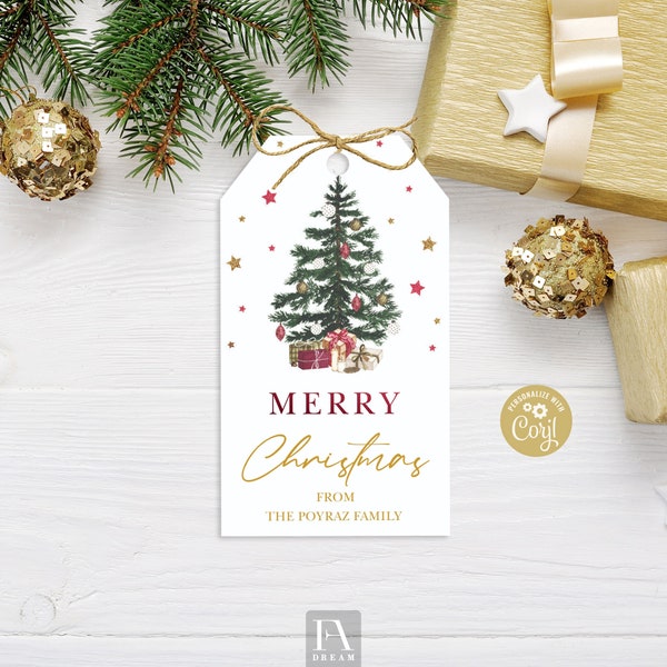 Editable Christmas Gift Favor Tags Merry Christmas Holiday Tree Gold Labels Printable instant download Corjl