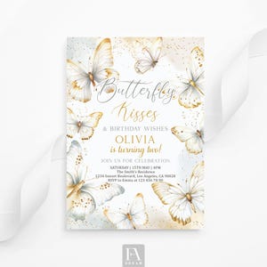 Editable butterfly birthday invitation, Butterfly Kisses Invitation, Gold Baby Shower Invite, Printable Butterfly Party invite Card Template