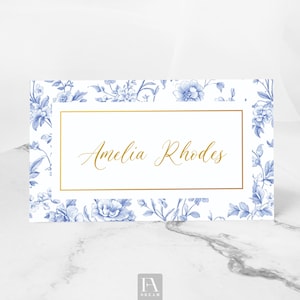 Blue Toile Place Card – Elegant Printable Name Card, Toile Theme Table Decor for Bridal Shower or Baby Shower