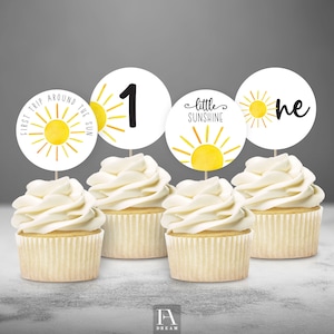 Sun Cupcake Topper Printable, Sunshine birthday party cake decoration prints instant download