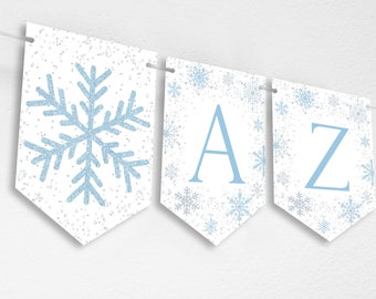Winter Alphabet A-Z Numbers Symbols Banner, Snow Party Bunting Decoration Printable Instant Download