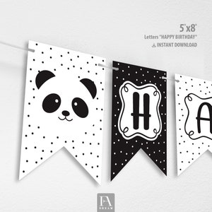 Panda Happy Birthday Banner, Panda banner, Panda birthday, Party decor, Panda birthday banner, Black banner, Animal banner, digital download