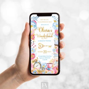 Alice Electronic birthday invitation,  Alice birthday party mobil electronic invite invitation, wonderland birthday invitation Corjl