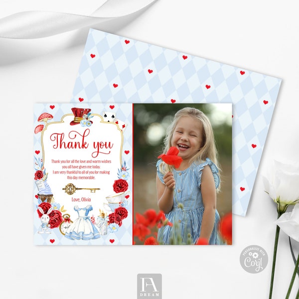 Editable Alice Thank You Card Template, Alice in Wonderland Birthday Party Thank You, First Birthday Thank You Card Printable Template