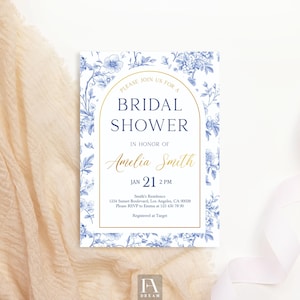Blue Toile Bridal Shower Invitation – Elegant Printable Invite, Blue Toile Floral Design, Wedding Shower Party Card