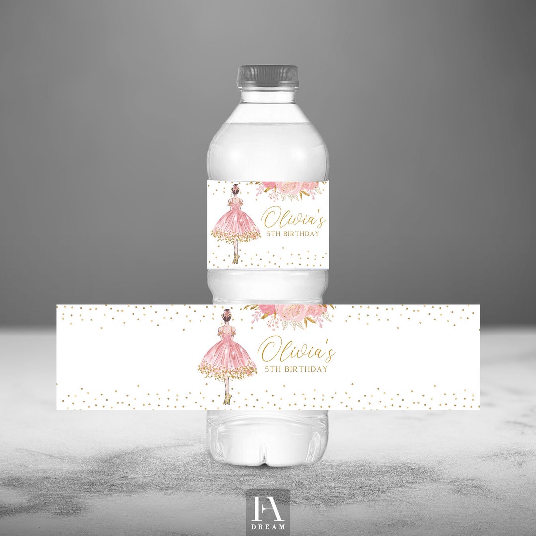 Editable Ballerina Water Bottle Label Template, Ballerina Pink Gold
