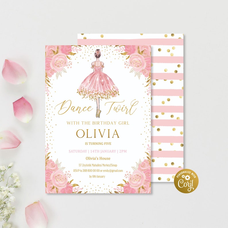 Ballerina Birthday Invitation Template, Pink Gold Ballerina Birthday