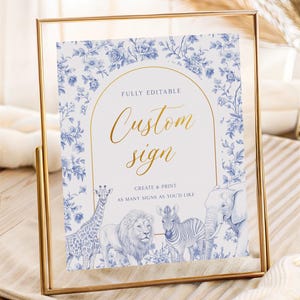 Blue Chinoiserie Toile Safari Animals Baby Shower or Birthday Custom Sign – Blue Jungle Animal Party Decor