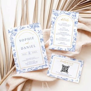 Blue Chinoiserie Toile Wedding Suite, Invitation, Details Card & RSVP, Printable Elegant Wedding Digital Download
