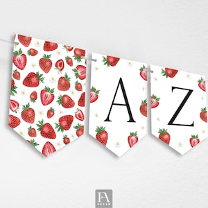 Strawberry Alphabet A-Z Numbers Symbols Banner, Berry First Party Bunting Decoration Printable Instant Download