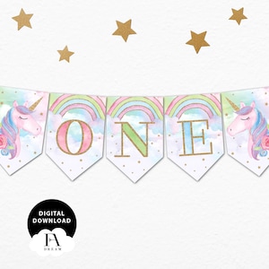 Unicorn One Banner, Unicorn Highchair banner, Unicorn 1st birthday party decor printable digital download