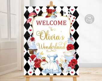 Alice in wonderland birthday welcome sign, Alice welcome sign template printable, Alice birthday tea party decoration instant download