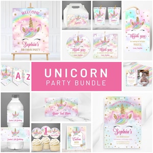 Editable Unicorn Party Bundle - Customizable Decorations and Printables for Magical Kids&#39; Birthday Celebrations