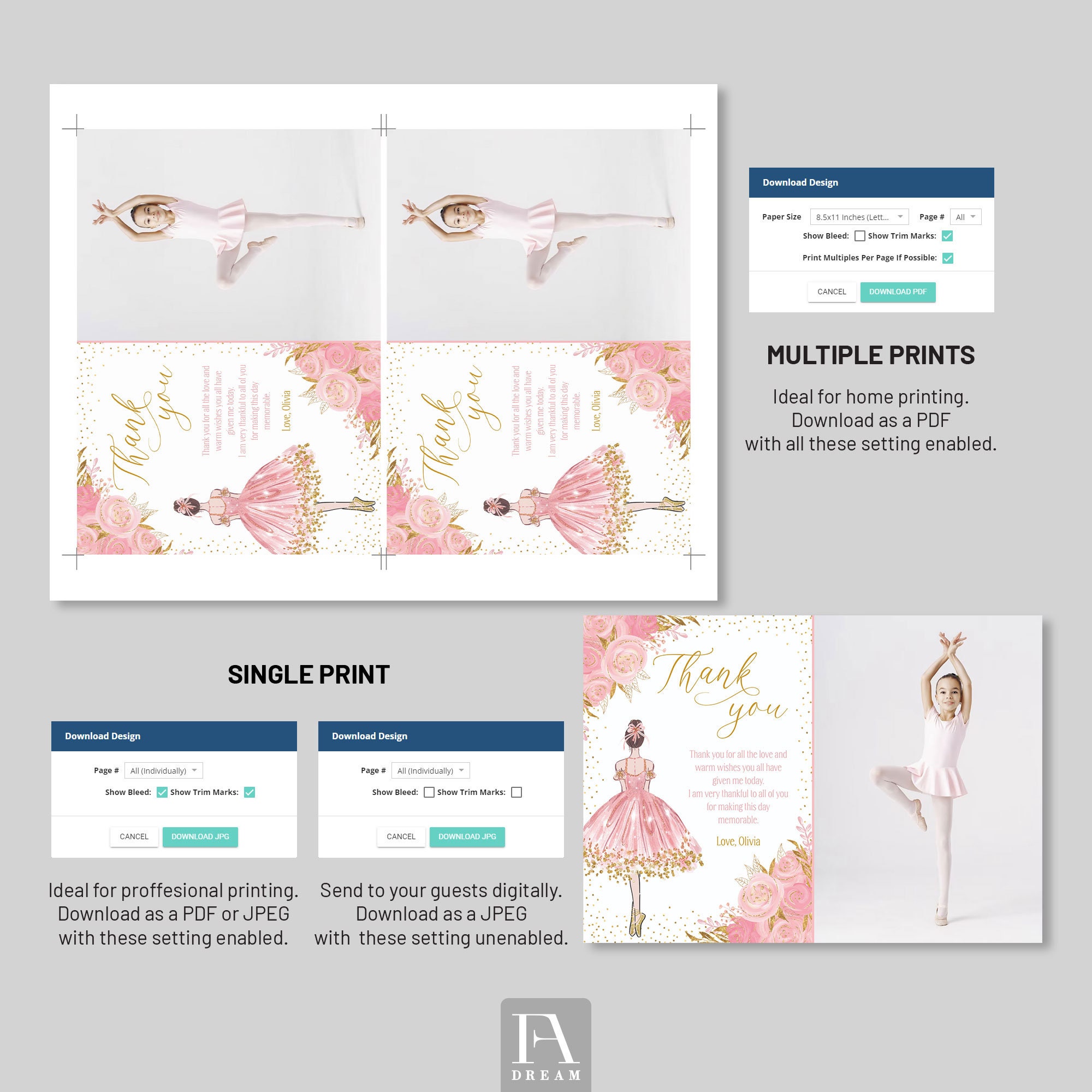 Editable Ballerina Thank You Card Template Ballerina Blue - Etsy