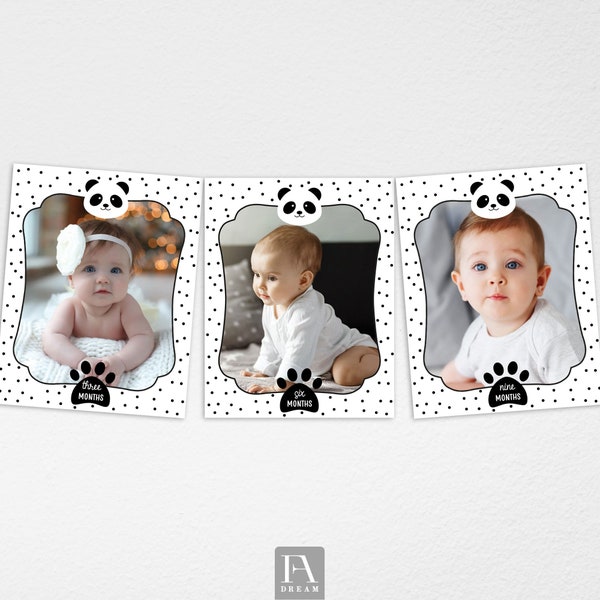 Panda Monthly Photo Banner, Wild One Panda Birthday Party Decoration Banner with Photo Template Printable Corjl