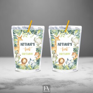 Editable Safari Capri Sun Labels, Wild One Animal birthday party juice labels printable template instant download