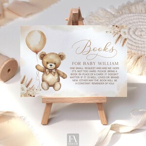 Editable Bear Baby Boy Shower Books for Baby Card Natural Boho Template, Bear Baby Book Request Insert Instant download