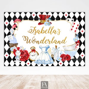 Alice in Wonderland Backdrop Banner Alice in Onederland Girl Black 1st Birthday Mad Tea Party