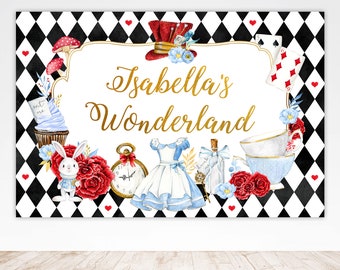 Alice in Wonderland Backdrop Banner Alice in Onederland Girl Black 1st Birthday Mad Tea Party