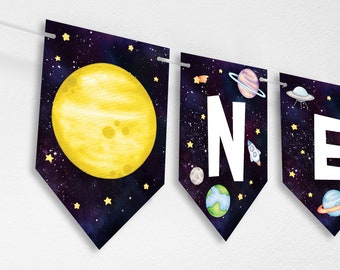 Outer Space ONE High Chair Banner 1st First Birthday Boy High Chair ONE Banner Astronaut Galaxy Rocket Sun Party Decoration Printable