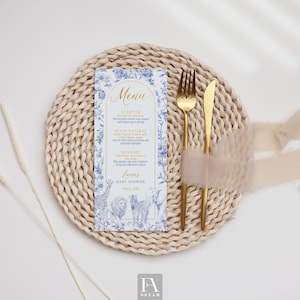 Blue Toile Safari Animals Baby Shower Menu – Printable Jungle Theme Menu Card, Elegant Safari Party Decor