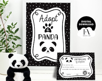 Panda Adoption Certificate, Adopt a panda sign, Panda Birthday Printable, Panda Birthday Decorations, Panda birthday party, digital download