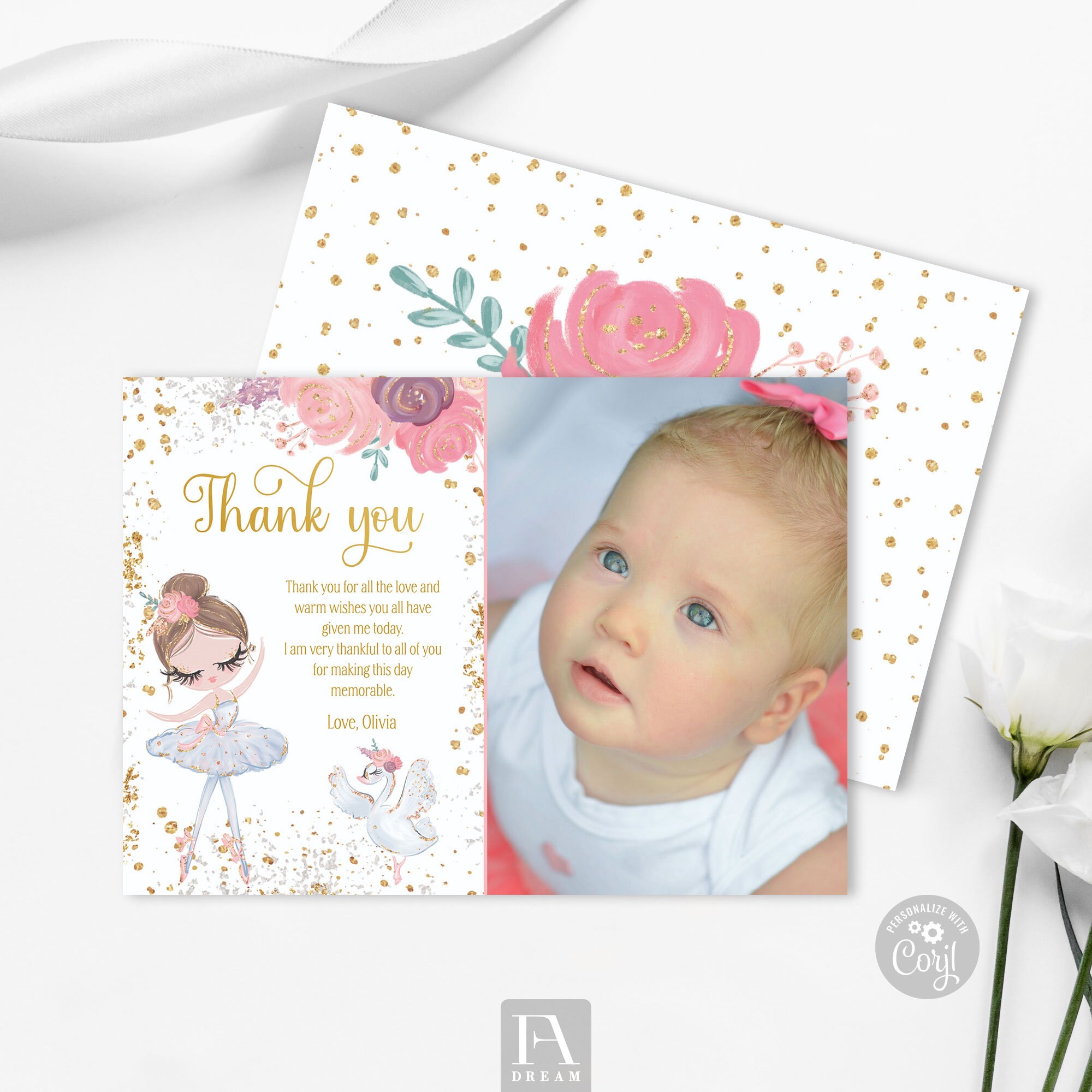 Editable Ballerina Thank You Card Template, Ballerina Blue Dress ...