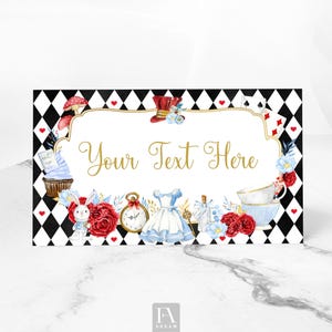 Editable Alice Food Label Template, Alice in Wonderland First 1st Birthday Party Table Decor printable instant download Corjl