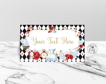 Editable Alice Food Label Template, Alice in Wonderland First 1st Birthday Party Table Decor printable instant download Corjl