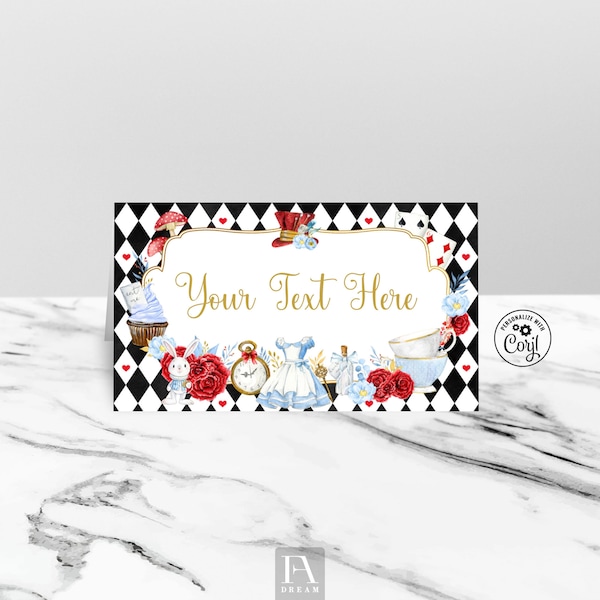 Editable Alice Food Label Template, Alice in Wonderland First 1st Birthday Party Table Decor printable instant download Corjl