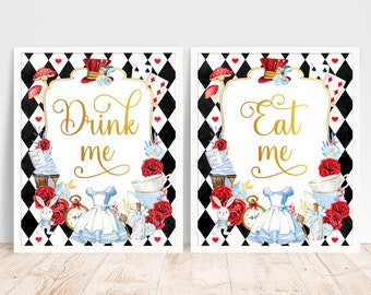 Alice in Wonderland Party Drink Me Eat Me Signs Alice Mad Tea Party Onederland 1st Birthday Food Table Decor Printable Instant Download